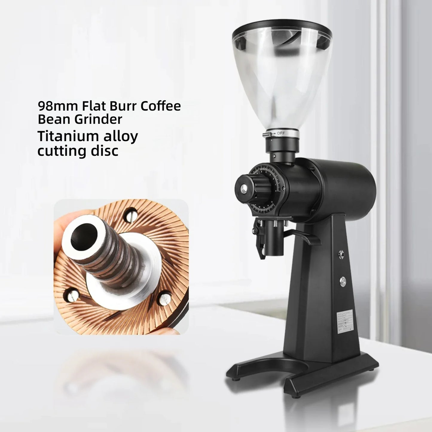 CAFOVO G198F Commercial Electric Grinder 98mm Titanium Coated Flat Burr 160 Settings 2500RPM 1000W Quantitative Coffee Miller