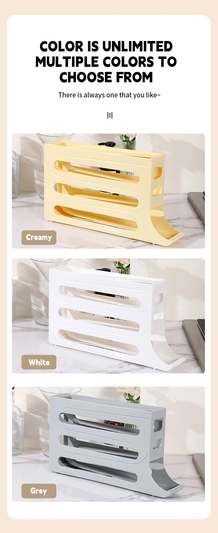 NASAN Egg Holder Egg Dispenser Auto Rolling Egg Tray Storage Organizer Space-Saving Egg Roller Rack 4 Tier Rolling Egg Holders