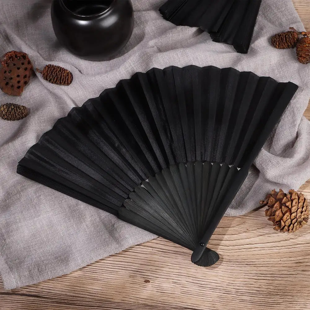 8.27"(21cm) Black Silk Folding Fan Chinese Style Hand Held Bamboo Fans Ribs Home Party Decoration Dance Props Desktop Ornament