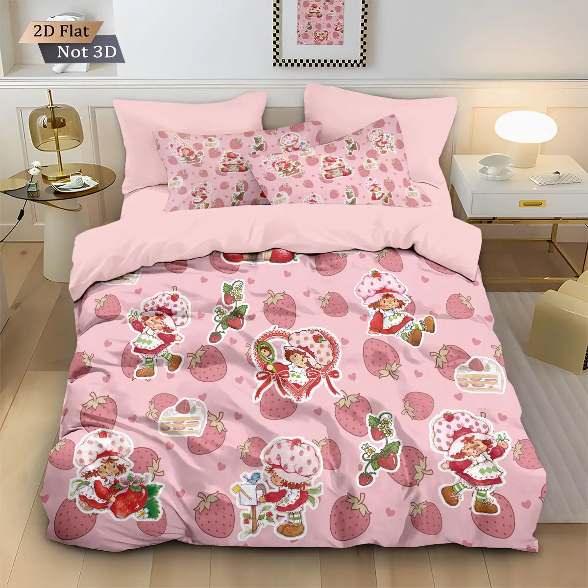 3pcs Pink Strawberry Girl Printed Down Duvet Cover Set, Multi Size Bedroom Bedding Decoration, Machine Washable