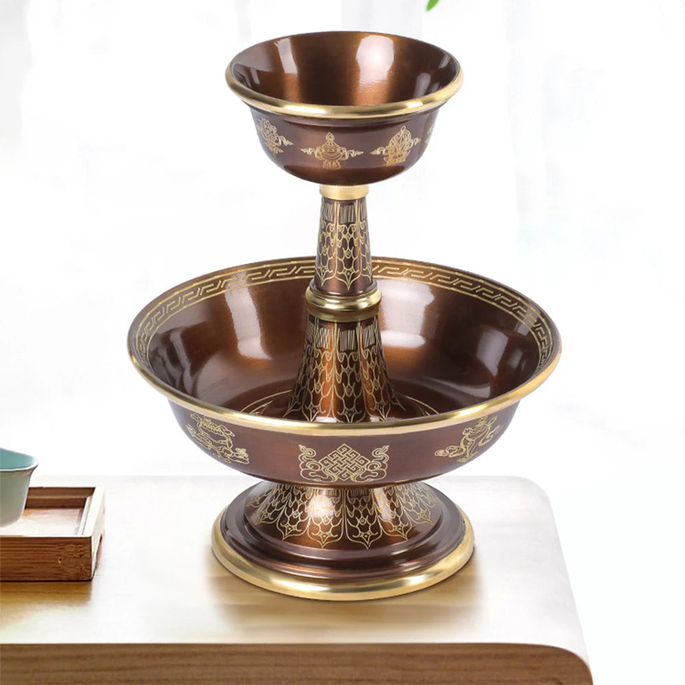 Pure copper Tibetan Tribute guardian cup, Eight-auspicious carved 2-layer Buddhism Holy water cup, Buddhist ornaments, 1 set
