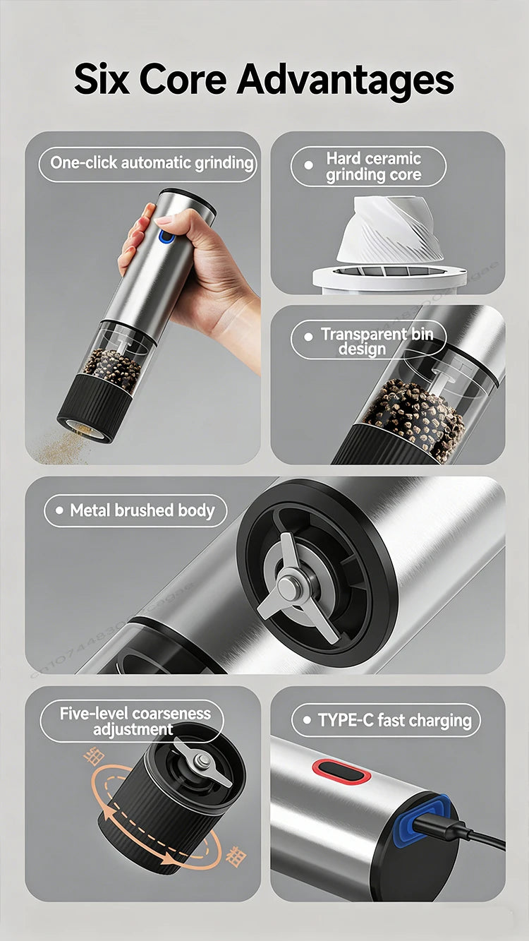 Electric Salt and Pepper Grinder Automatic Rechargeable Pepper Mill Shakers Adjustable Coarseness Kitchen Appliances