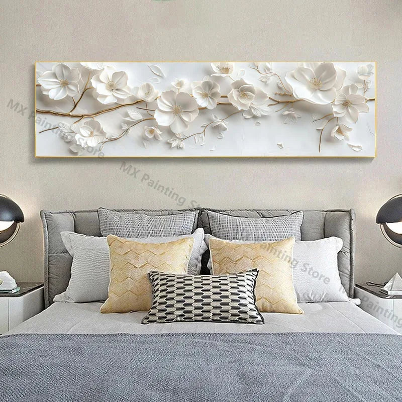Abstract Floral Canvas Paintings,Modern Print White Flowers With Gold Branches And Leaves Posters,Nordic Living Room Decor Gift