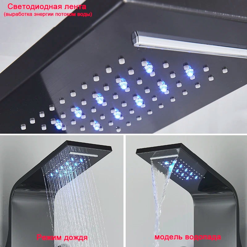 Black Bathroom Shower Panel SPA Massage Jet Shower Column LED Display Stainless Steel Shower System