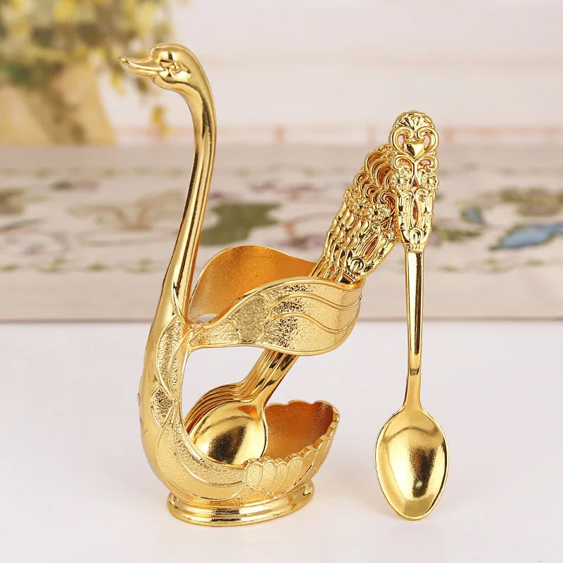 Creative Dinnerware Set Swan Base Holder Decorative Stainless Steel with 6 Spoons for Coffee Fruit Dessert Stirring Mixing