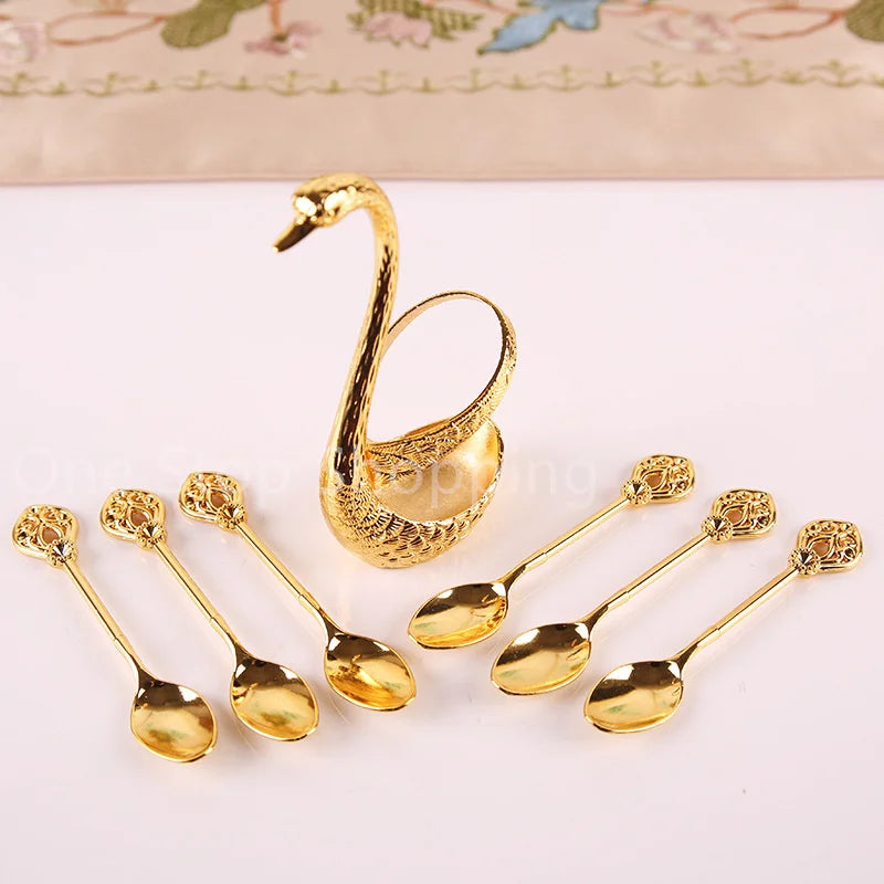 Creative Dinnerware Set Swan Base Holder Decorative Stainless Steel with 6 Spoons for Coffee Fruit Dessert Stirring Mixing