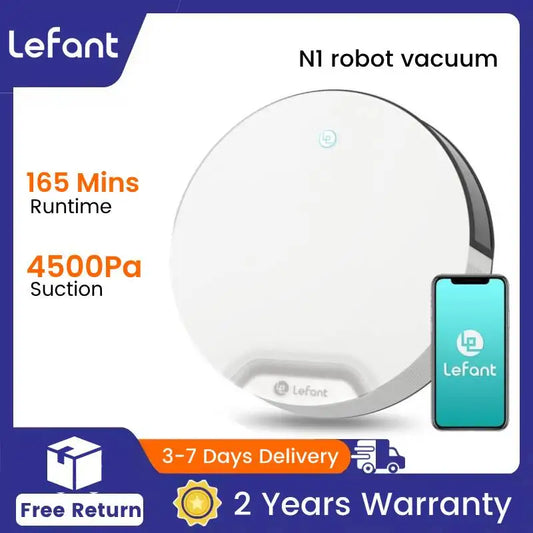 Lefant N1 Robot Vacuum Cleaner, Suction Power 4500PA, 4 Cleaning Modes, App Control, Up to 165 Minutes Autonomy