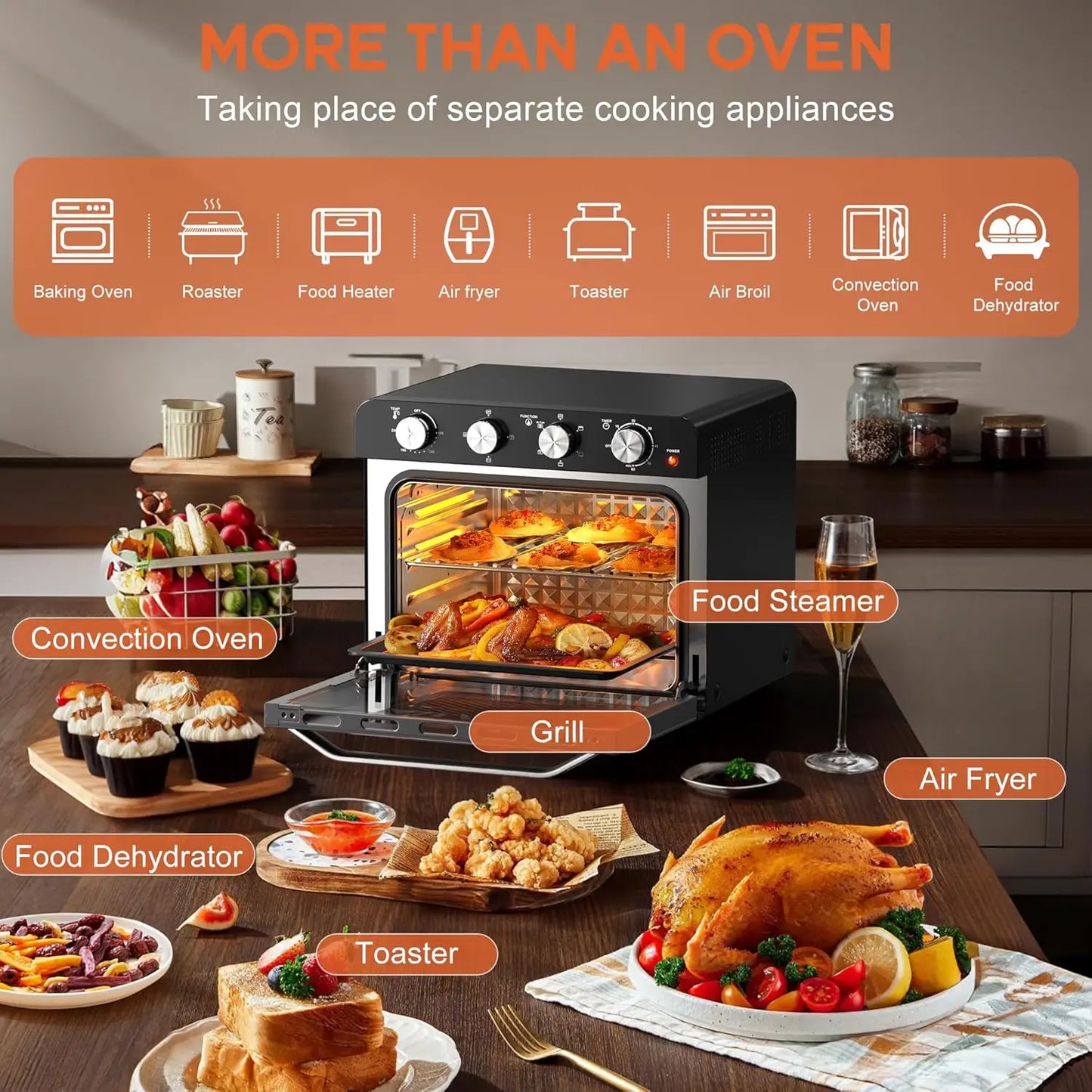 Karinear 36L Air Fryer Oven, 1700W Stainless Steel Airfryer 10 in 1 Countertop Oven, Double-layered Glass Door, Accessory Set