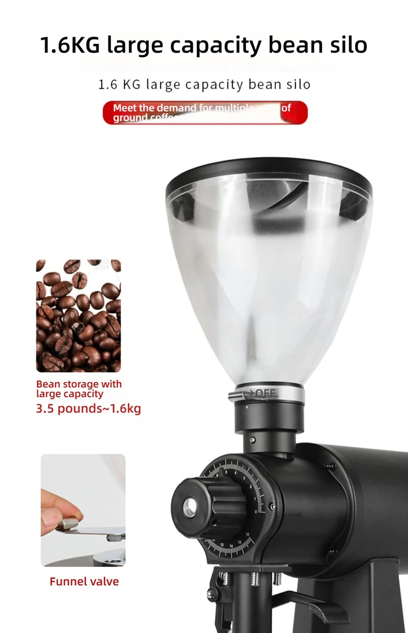 CAFOVO G198F Commercial Electric Grinder 98mm Titanium Coated Flat Burr 160 Settings 2500RPM 1000W Quantitative Coffee Miller