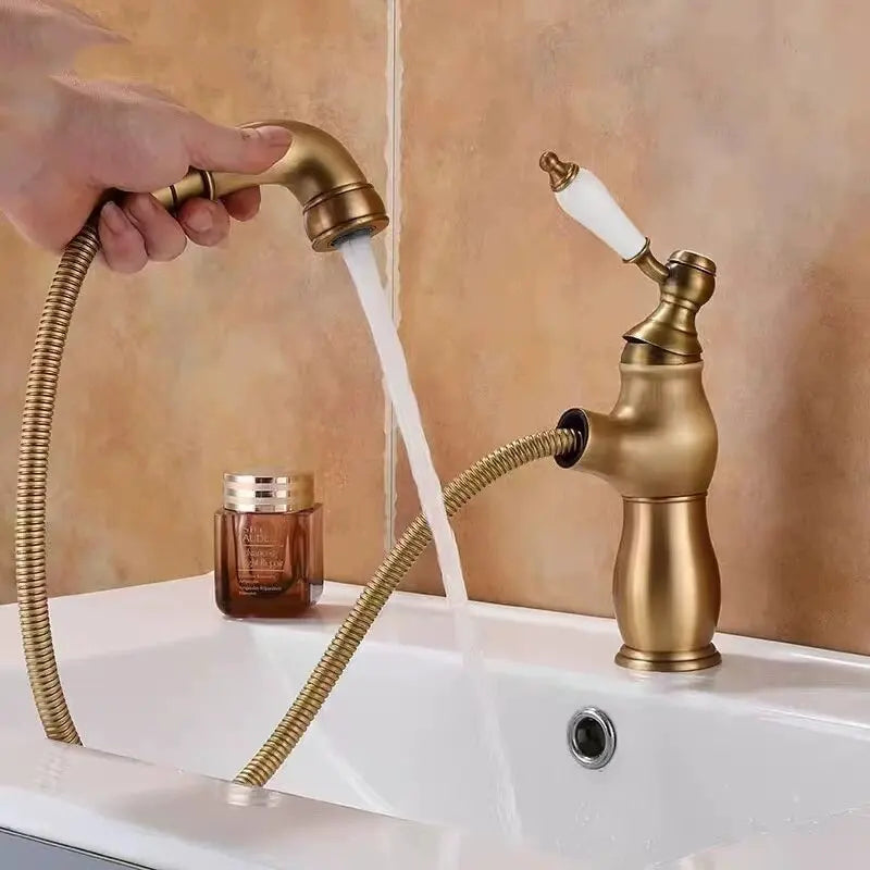 Pull-Out Ceramic Handle Basin Faucet Brass pull-out mixer tap with ceramic handles. Smooth operation, modern design, easy to clean.
Perfect for bathroom sinks, washbasins, or vanities.