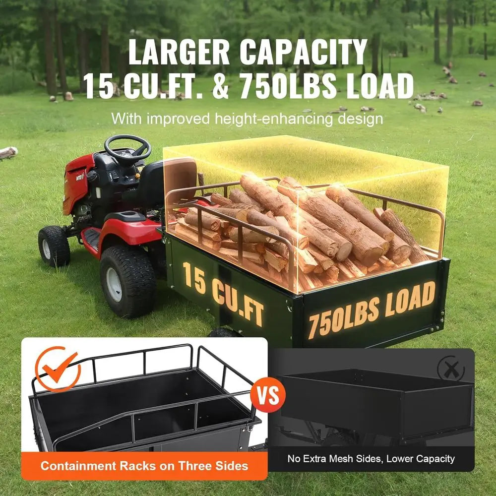 Sturdy Steel Dump Cart Trailer, 750 lbs Capacity, 15 Cubic Feet, Utility Yard Trailer with Removable Sides for Lawn Mowers and T