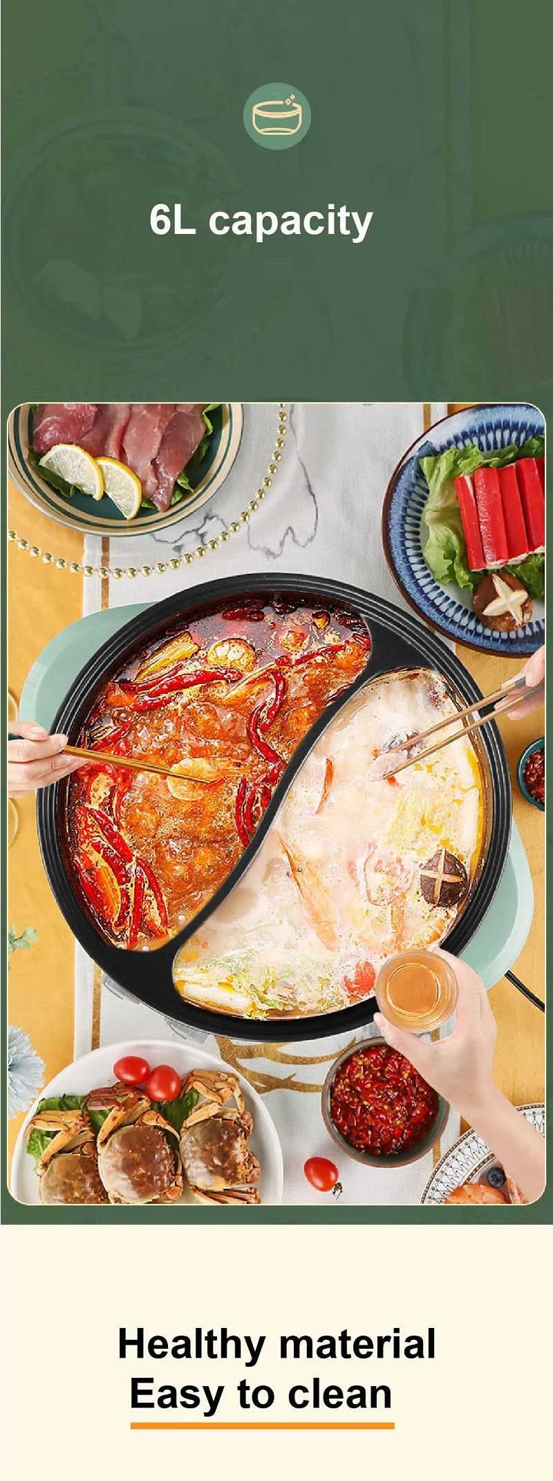 6L Yuanyang Electric Hot Pot Home Multi-function All-In-One Electric Cooking Pot Electric Cook Pot Non-Stick Grill Pan Pot 2000W