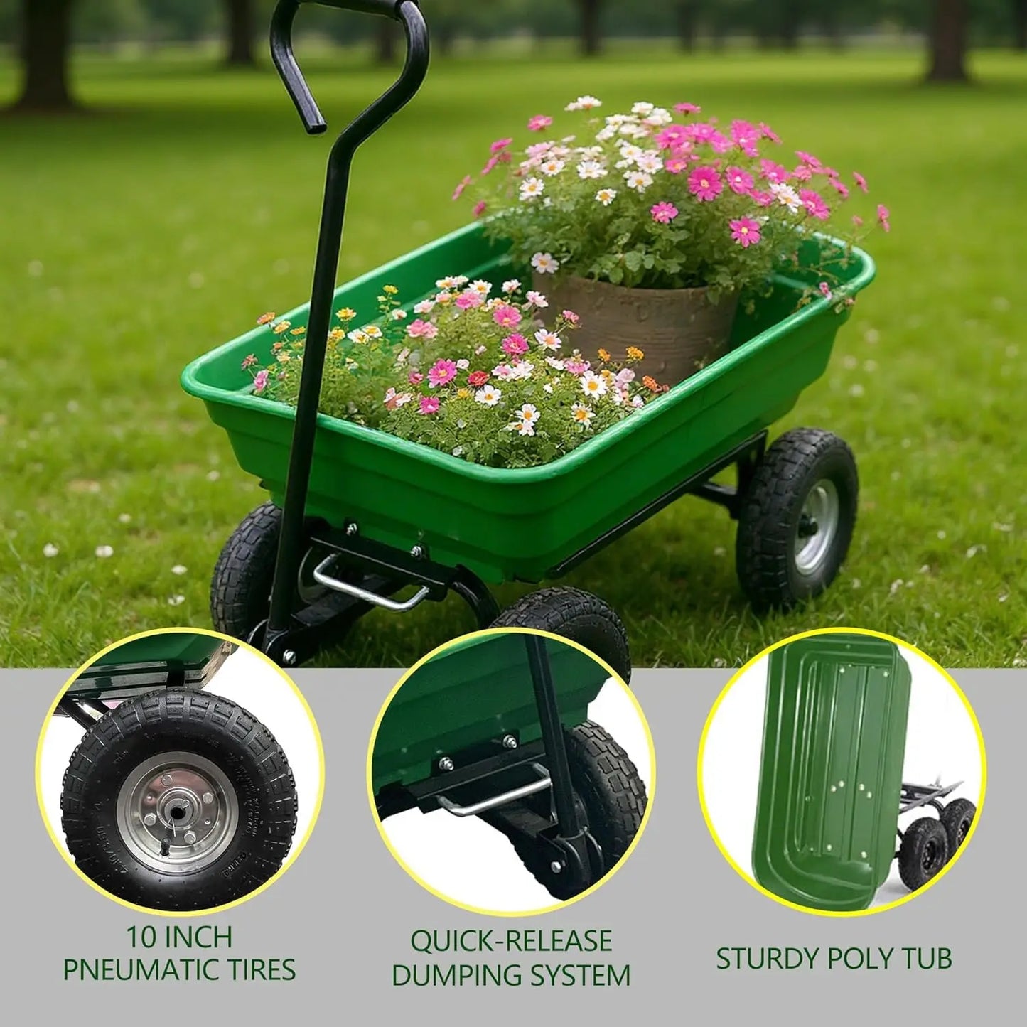 Dual-Wheel Heavy-Duty Dump Cart
1200 lb capacity poly yard wagon towable utility cart with built-in stand. Perfect for landscaping, gardening, hauling mulch, soil, firewood, or tools. Durable, easy-dump design.