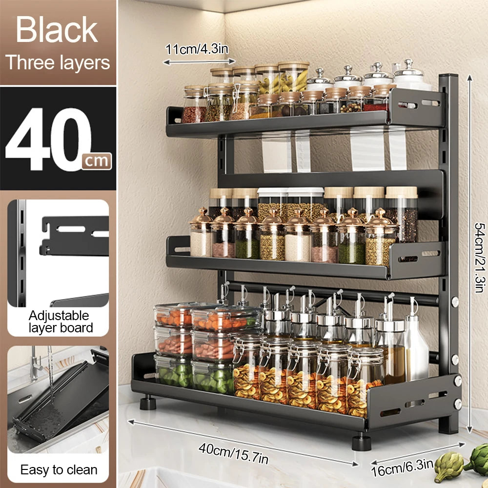 3-Tier Spice Rack – Adjustable Kitchen Organizer Sturdy metal shelf in sleek black design. Perfect for countertops or cabinets to keep spices neat and accessible.