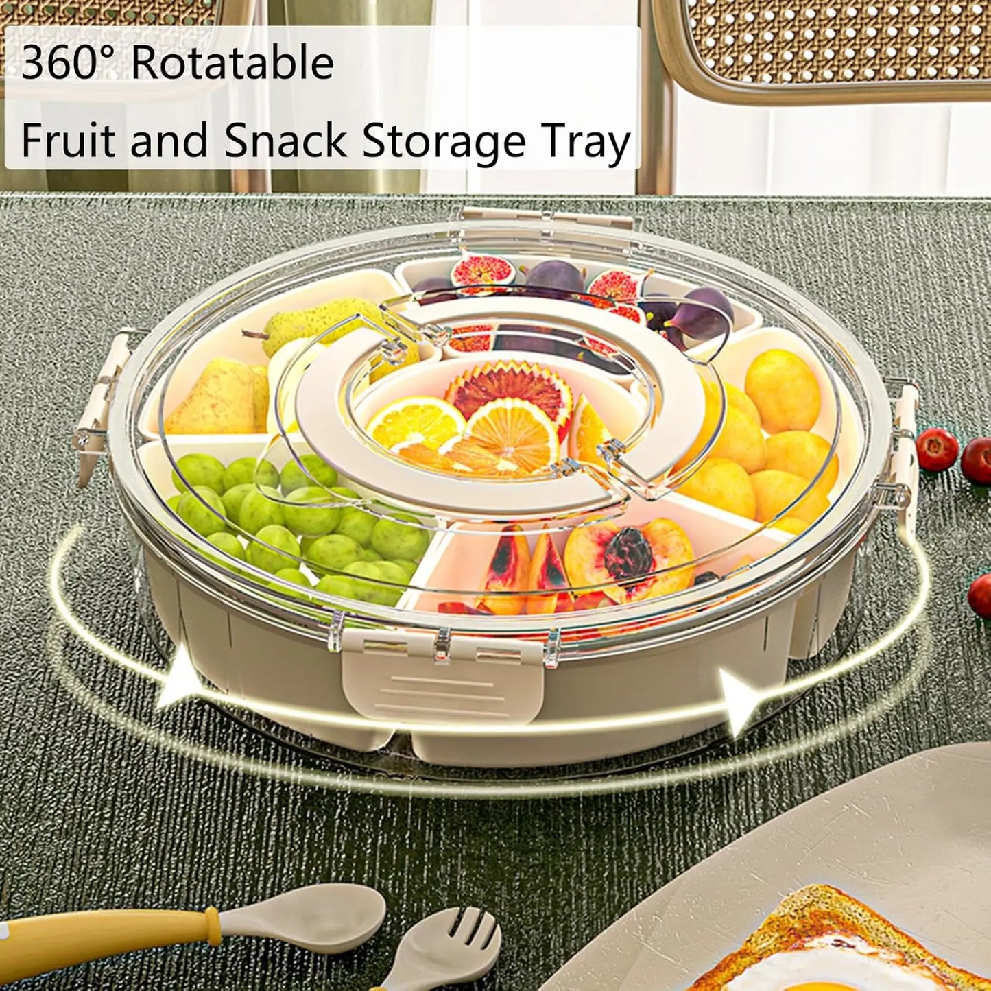 Rotating Snack Tray with Lid and Handle Fruit and Vegetable Tray Stackable Snack Box Containers Outdoor Party Snack Storage Box