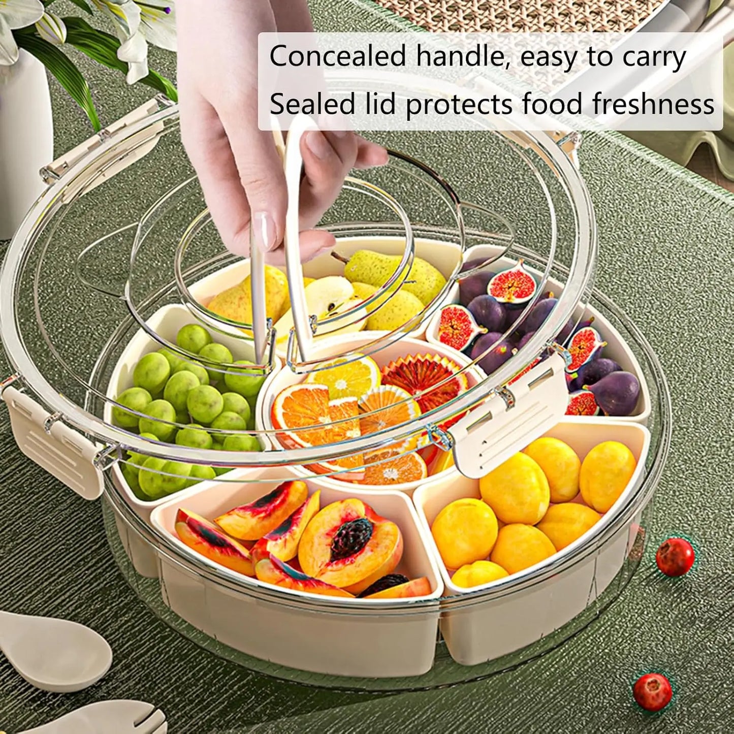 Rotating Snack Tray with Lid and Handle Fruit and Vegetable Tray Stackable Snack Box Containers Outdoor Party Snack Storage Box