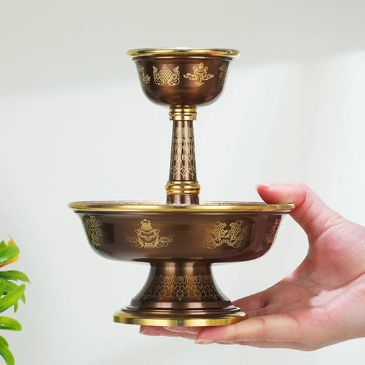 Pure copper Tibetan Tribute guardian cup, Eight-auspicious carved 2-layer Buddhism Holy water cup, Buddhist ornaments, 1 set
