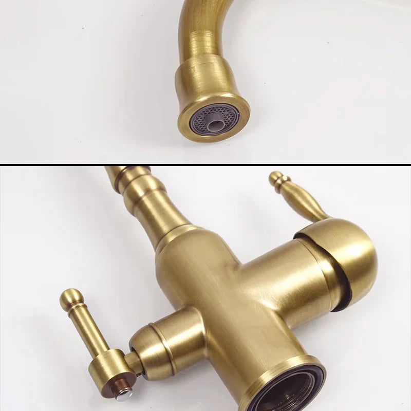 Brass antique light luxury three-in-one pure water faucet household sink wash basin hot and cold water faucet splash-proof E1489