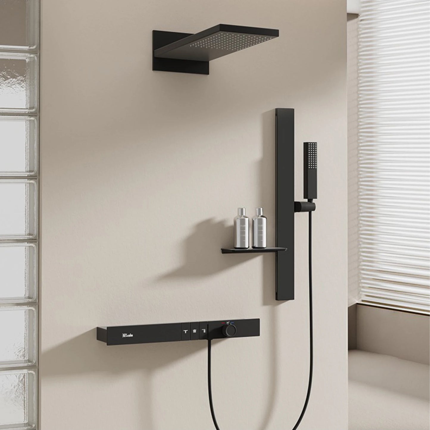 Luxury Ceiling Thermostatic Shower System Black Brass 3 Function Built In Wall Cold Hot Water Waterfall Outlet Bathroom Faucet