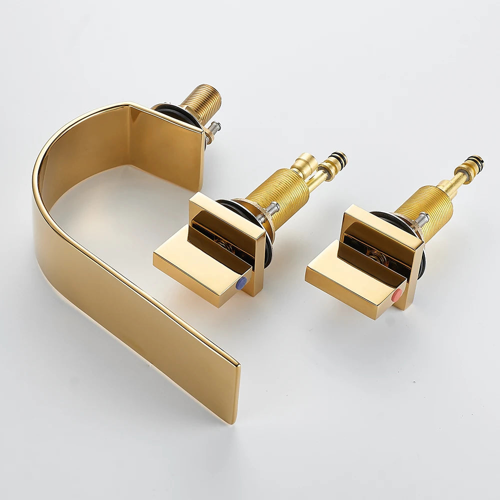 BAKALA 3 Pieces Brush And Gold Deck Mounted Waterfall Wide Spout Double Handles Bath Bathtub Faucet Bathroom Mixer Tap