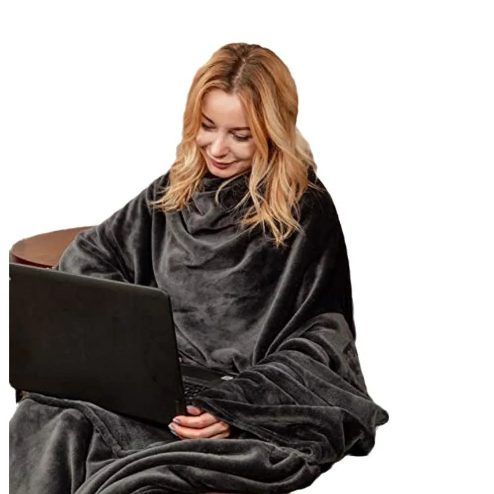 Oversized Warm Winter Blanket with Sleeves Adjustable Attaches Super Long Flannel Giant Wearable Elegant Blanket for Adult Women