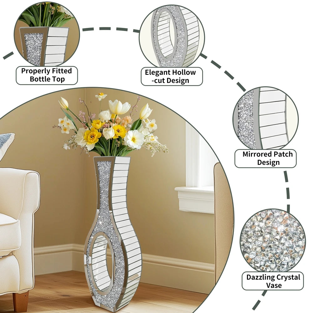 Tall Silver Mirrored Vase Decorative Crush Diamond Floor Grass Vase