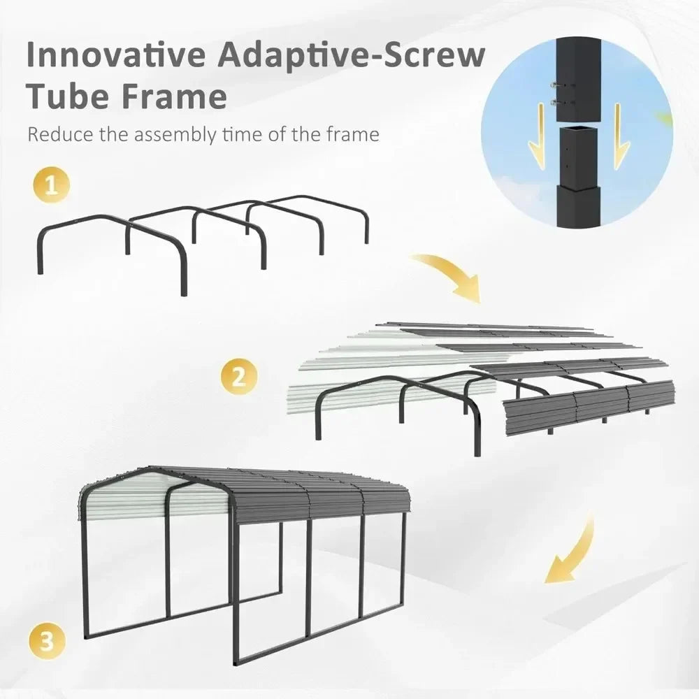 10x15 Metal Carport with Reinforced Base, Heavy Duty Garage, Outdoor Galvanized Carport for Cars, Boats and Trucks