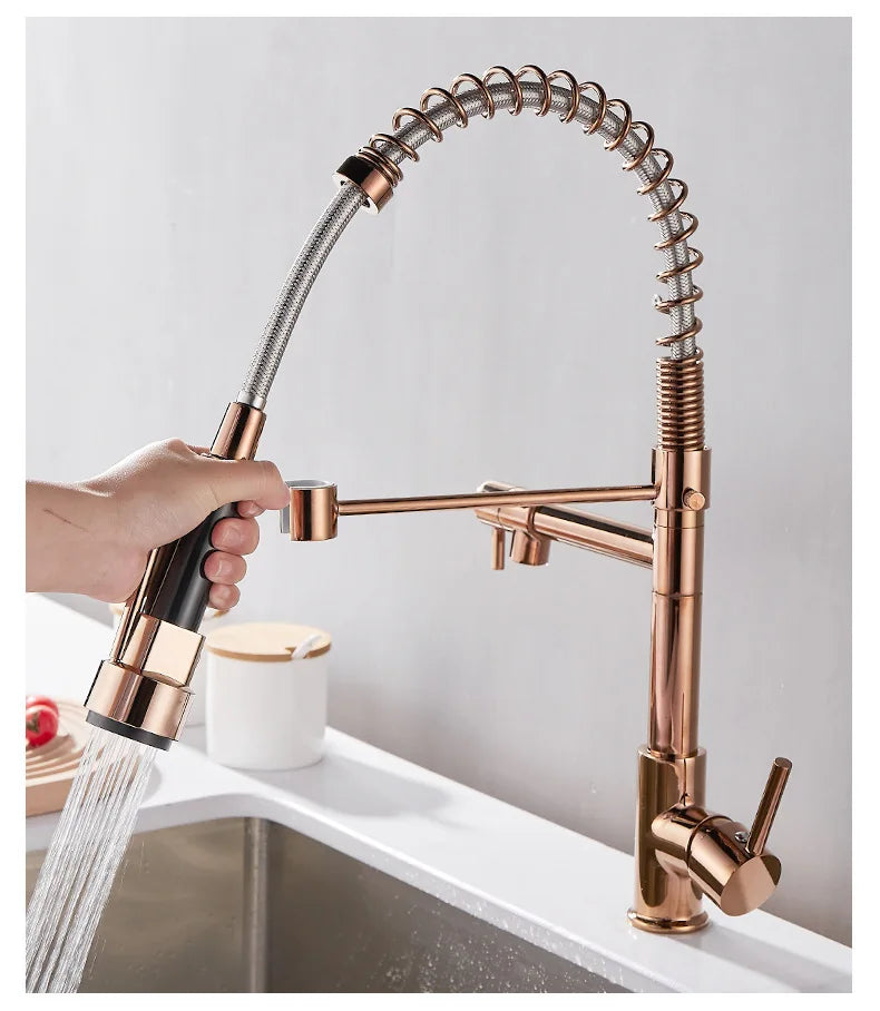 Brass kitchen sink faucet  360 degree rotating spring faucet  Single handle cold and hot mixed water tap