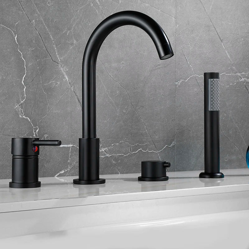 4-Piece Bathroom Faucet Set – Deck-Mounted Includes basin and bathtub mixer taps with handheld shower. Hot and cold water mixer for versatile bathroom use.