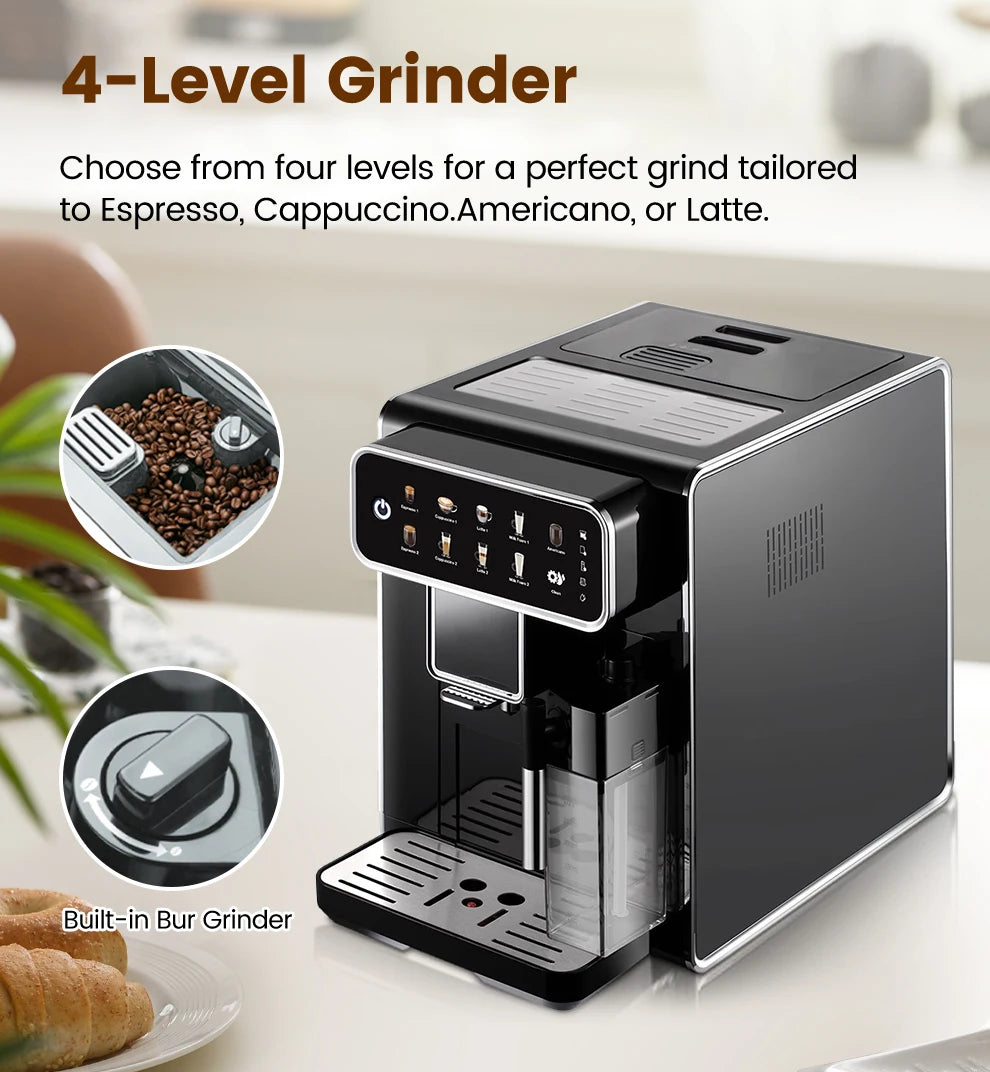AM7203 Automatic Espresso Machine Features built-in milk frother and water tank, touchscreen control, and 7 coffee varieties. Perfect for easy, café-style drinks at home.