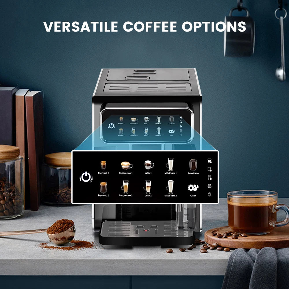 AM7203 Automatic Espresso Machine Features built-in milk frother and water tank, touchscreen control, and 7 coffee varieties. Perfect for easy, café-style drinks at home.