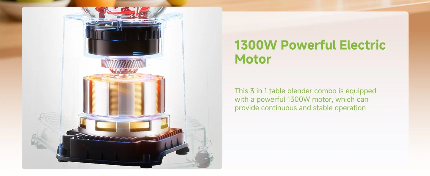 BioloMix 3-in-1 Smoothie Blender with Stainless Steel Blades 1300W Personal Blender and Grinder Combo for Baby Food Juice