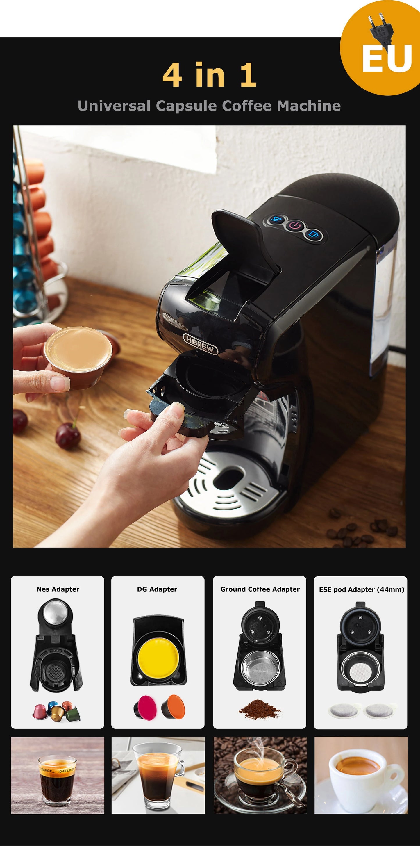 HiBREW Coffee Machine 19 Bar 4in1 Hot & Cold Multiple Capsule Espresso Cafetera Pod Coffee Maker Dolce Milk Nexpresso Powder H1A