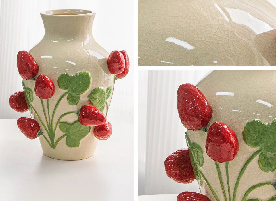 Emboss Strawberry Vase Ceramic Vase Children's Room Artifact Floral Accessories Fruit Pot Flowerpot Home Decoration Accessories