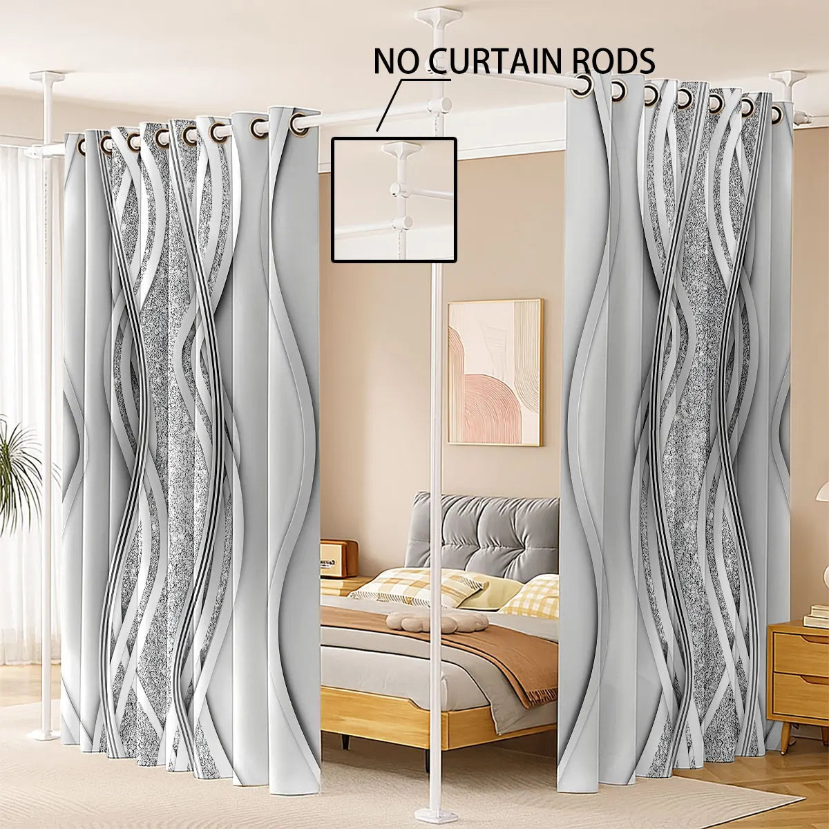 2pcs Minimalist Style Curved Lines Art Print Perforated Blackout Curtains Multi Size Living Room Bedroom Insulation Decoration