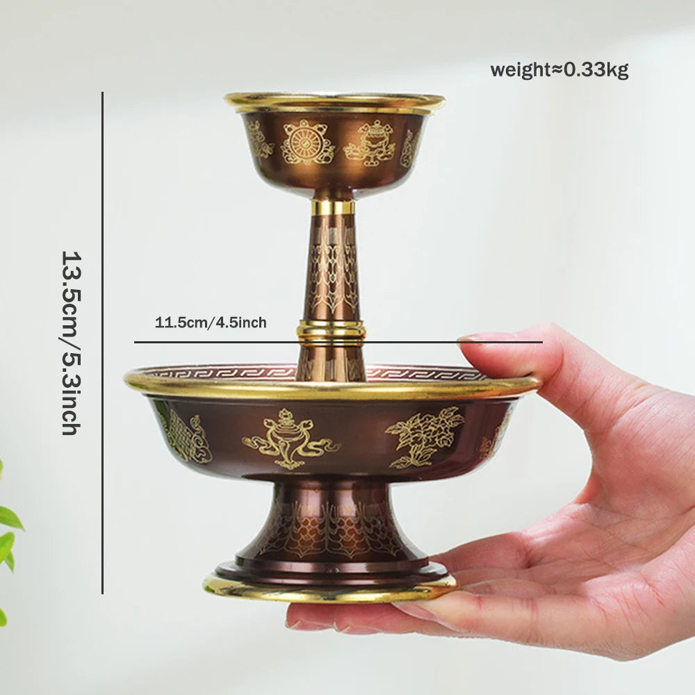 Pure copper Tibetan Tribute guardian cup, Eight-auspicious carved 2-layer Buddhism Holy water cup, Buddhist ornaments, 1 set