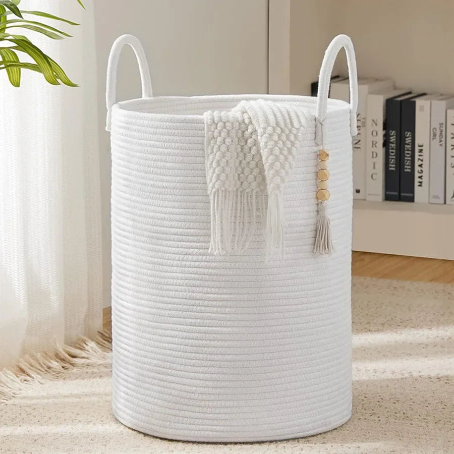 Large Storage Basket Tall Woven Decorative Laundry Hamper with Handles Foldable Cotton Rope for Clothes Kids Toys Living Room