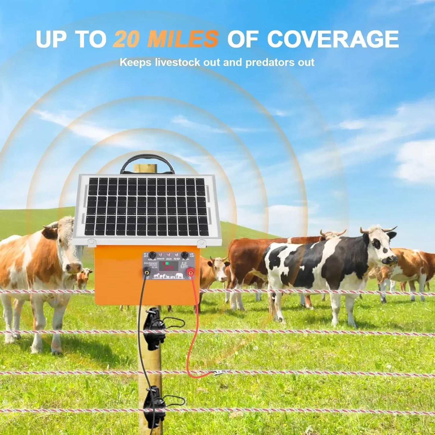 32KM Solar  Electric Fence 9.5KV Electric Shepherd with Battery Controller for Horses 0.5J for Breeding Shephed for Farm Grazing
