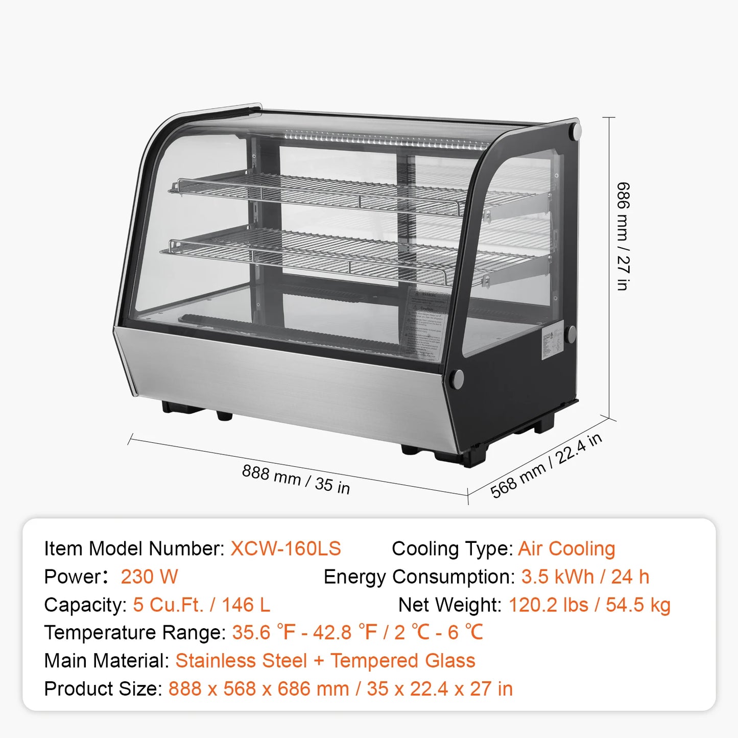 SucceBuy 3.5/4.2/5/9.8 cft Refrigerated Display Case Large Commercial Pastry Display Refrigerator with LED Lighting for Bakery