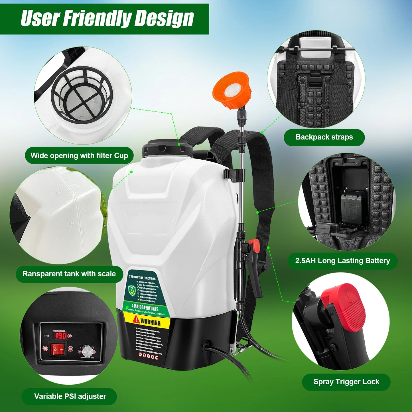 4-Gallon Battery-Powered Backpack Sprayer 16L capacity, 75 PSI electric pump. Includes 2.5Ah battery + charger. Lightweight, powerful for gardens, lawns, weeds, or pest control.