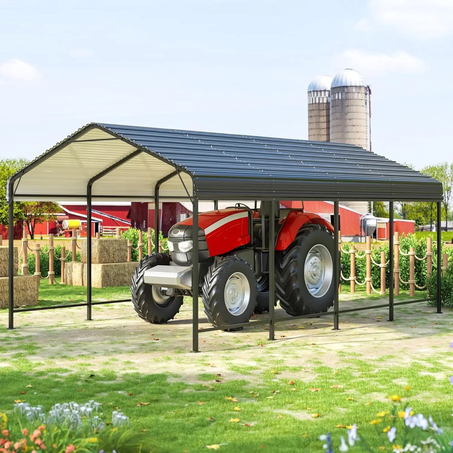 10x15 Metal Carport with Reinforced Base, Heavy Duty Garage, Outdoor Galvanized Carport for Cars, Boats and Trucks