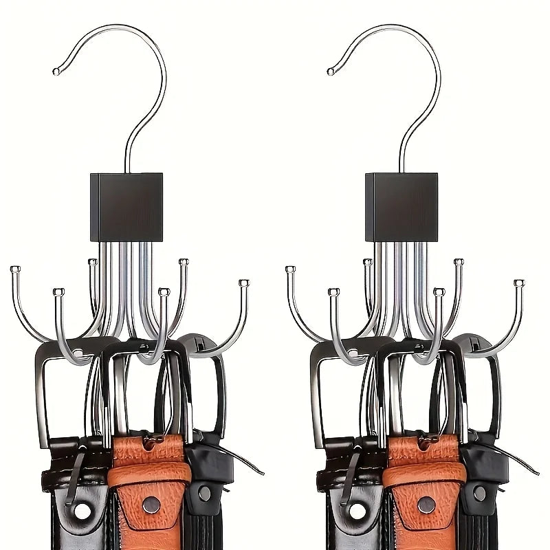 Rotating Wooden Metal Belt Hanger Multi-Functional Closet Organizer for Belts Bras Ties and Scarves with Stainless Steel Hooks