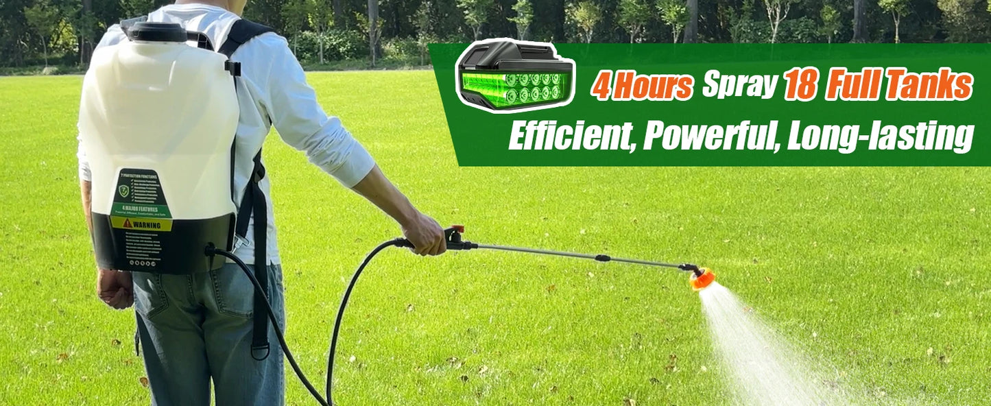 4-Gallon Battery-Powered Backpack Sprayer 16L capacity, 75 PSI electric pump. Includes 2.5Ah battery + charger. Lightweight, powerful for gardens, lawns, weeds, or pest control.