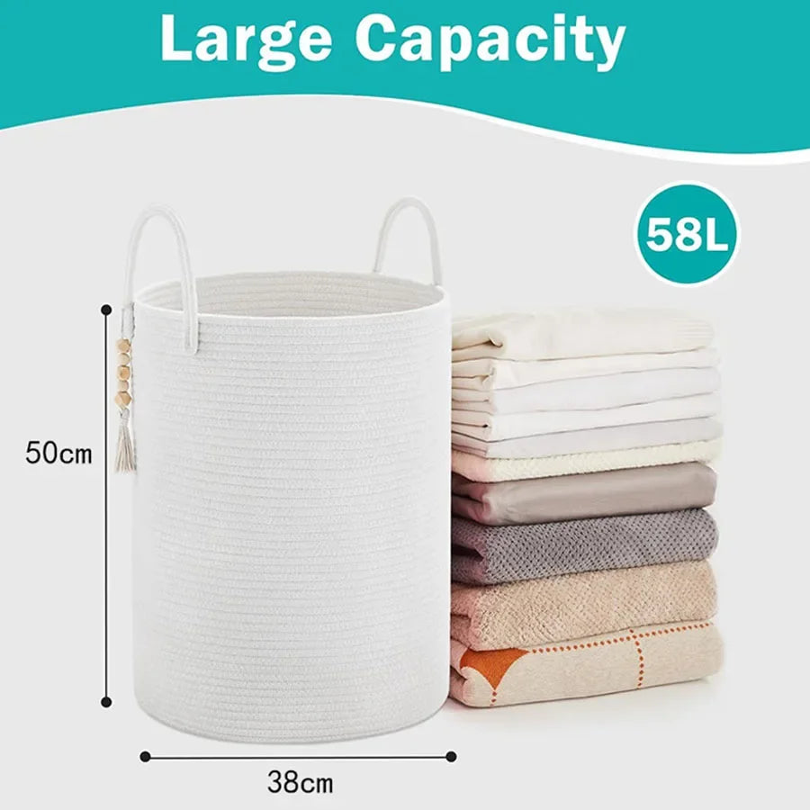 Large Storage Basket Tall Woven Decorative Laundry Hamper with Handles Foldable Cotton Rope for Clothes Kids Toys Living Room