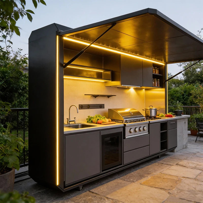 Backyard gourmet social center, smart temperature-controlled outdoor kitchen, waterproof, sunproof, and portable.