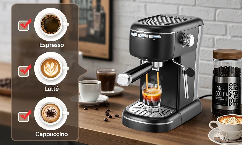 15 Bar 1.2L Removable Tank, Compact Cappuccino/Latte Maker, Stainless Steel, 1100W, Black Espresso Coffee Maker Machine
