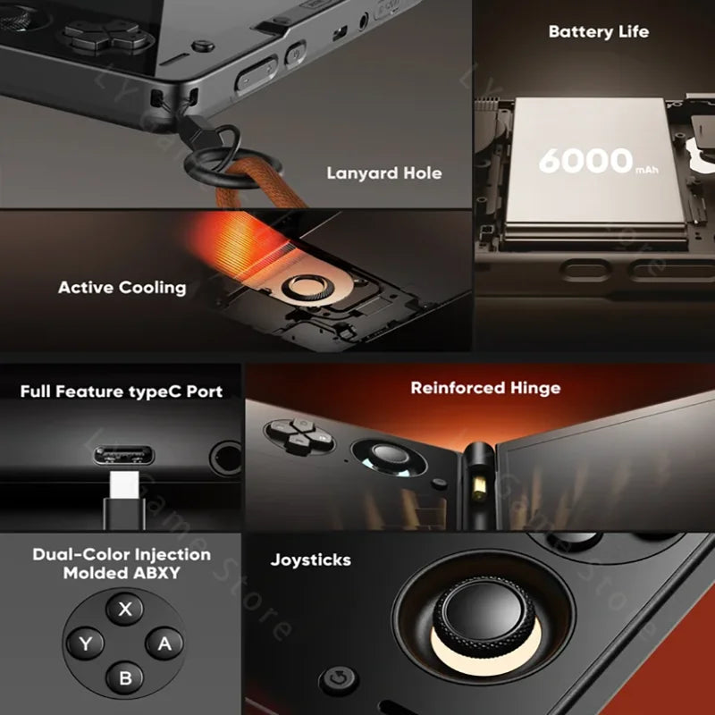 Thor 6” Handheld Gaming Console Dual OLED Screens Powered by Qualcomm Snapdragon CPU and Android 13, with a 6000mAh battery and hall stick controls for an immersive gaming experience on the go.