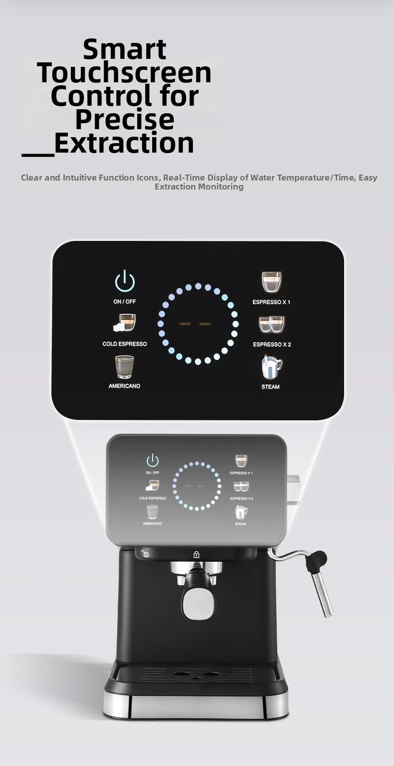 20Bar Espresso Machine – Dual Brew Hot & Cold Features smart touchscreen, milk frother, fast heating, and energy-saving design. Ideal for home baristas to craft café-quality drinks.