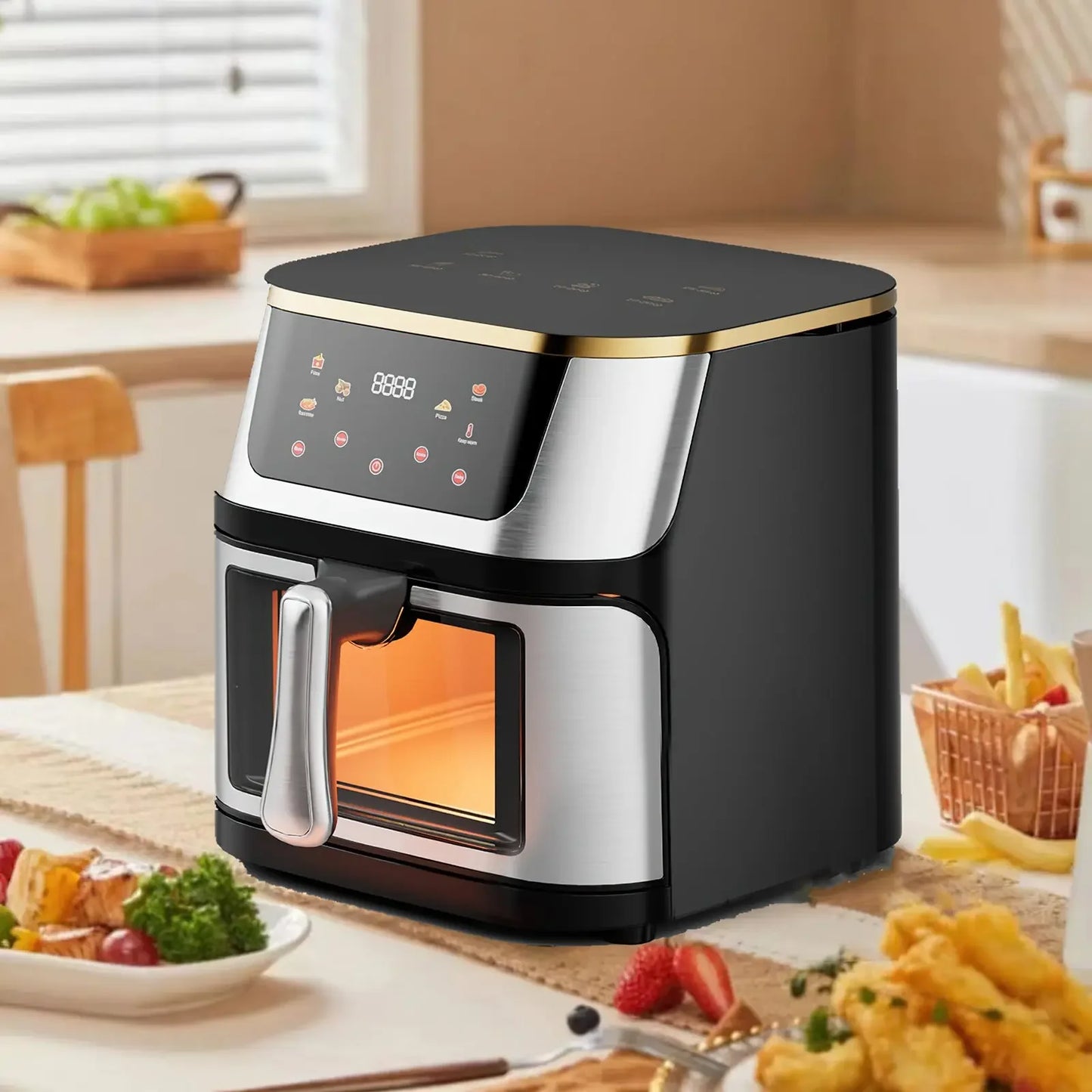 8L Stainless Steel Visible Large Capacity Electric Air Fryer, Multi-function Air Oven, LED Touch Screen,210 ° High Temperature