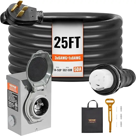 25-Foot VEVOR 50 Amp Generator Cord and Power Inlet Box Kit with NEMA 14-50P/SS2-50R STW 6/3+8/1 AWG Extension Cord